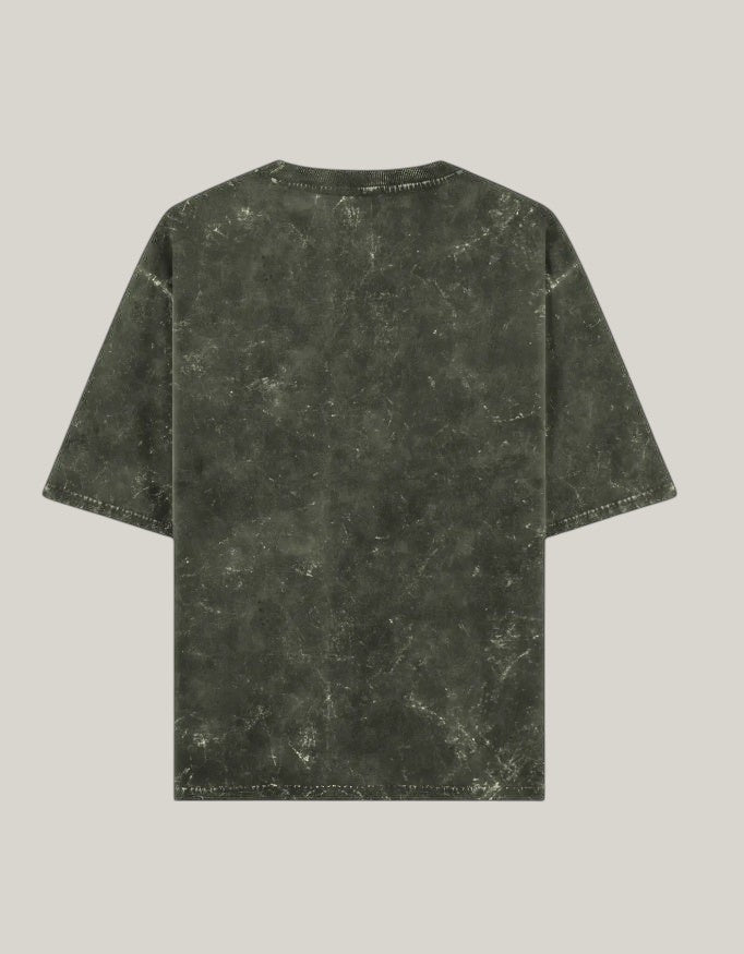 StrykDrift oversized short sleeve t-shirt in dark grey acid wash with a relaxed fit and crew neck, back view.