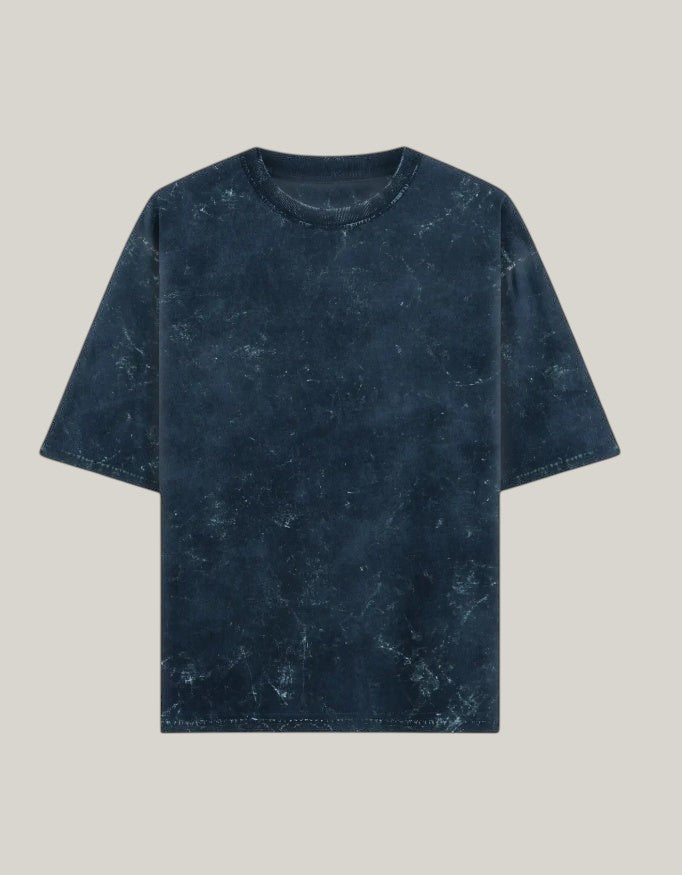 StrykDrift oversized crew neck t-shirt in dark blue acid wash cotton with a vintage streetwear aesthetic.