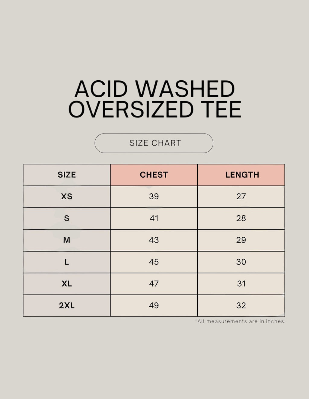 StrykDrift acid wash oversized t-shirt size chart with chest and length measurements in inches for sizes XS to 2XL