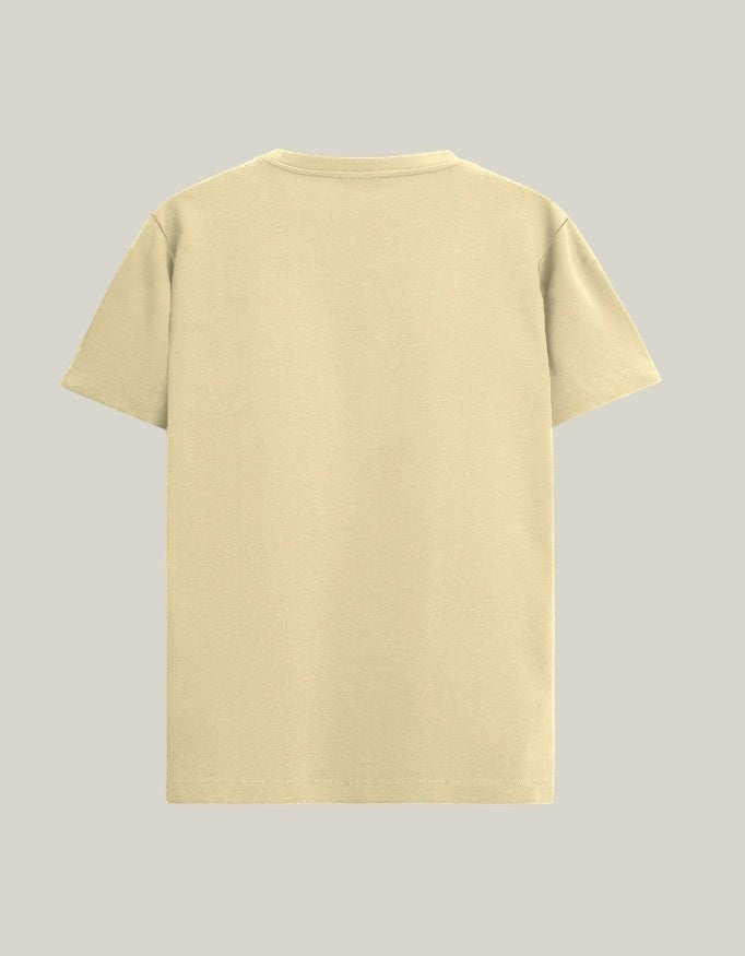 Back view of a StrykDrift beige crew neck t-shirt in a minimalist, tailored fit made from premium breathable fabric.