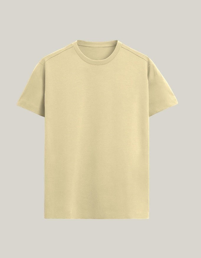 StrykDrift essential crew neck t-shirt in a soft beige cotton fabric with a clean minimalist tailored fit.