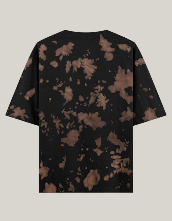 StrykDrift oversized unisex t-shirt in black with a unique brown tie-dye pattern, made from heavyweight cotton blend.