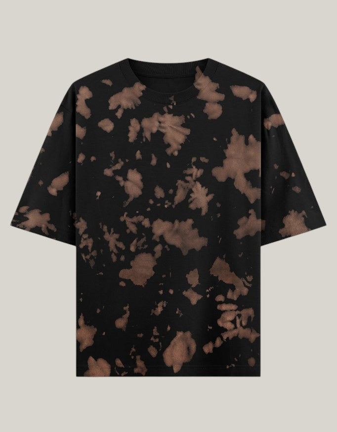 StrykDrift oversized unisex t-shirt in black with a unique brown tie-dye pattern, made from heavyweight cotton blend.