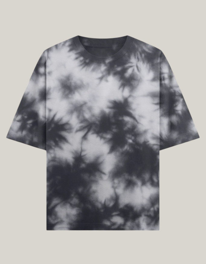 StrykDrift unisex oversized tie-dye t-shirt in black and grey heavyweight cotton-poly blend with unique pattern.