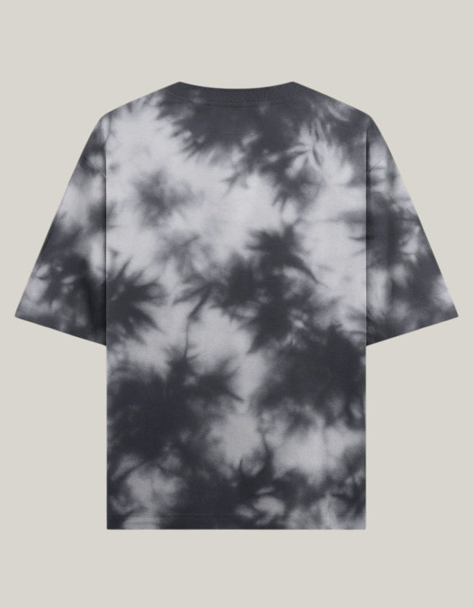 StrykDrift unisex oversized tie-dye t-shirt in black and grey heavyweight cotton-poly blend, back view.