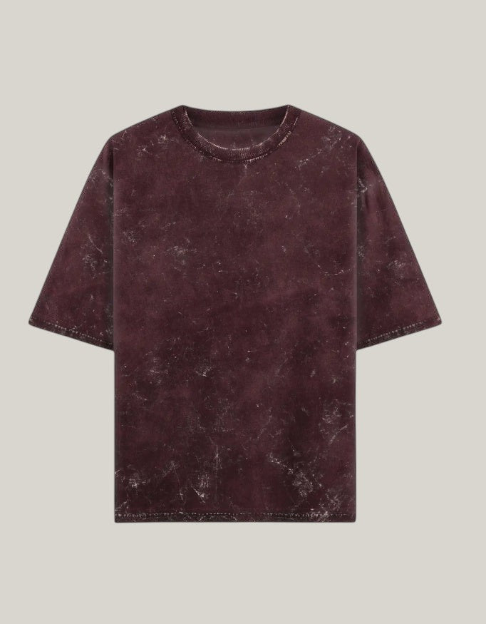 StrykDrift oversized crew neck t-shirt in a dark burgundy acid wash finish with a vintage streetwear aesthetic.