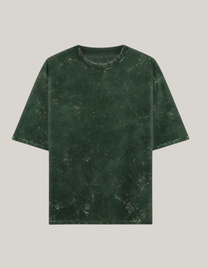 StrykDrift oversized crew neck t-shirt in dark green with a vintage-inspired acid wash finish and heavy fabric.