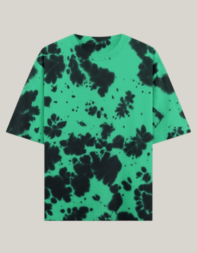 StrykDrift green and black tie dye oversized heavyweight cotton-poly unisex t-shirt with a relaxed fit.