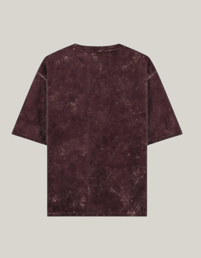 StrykDrift oversized short sleeve t-shirt in dark maroon with a vintage-inspired acid wash finish, back view.