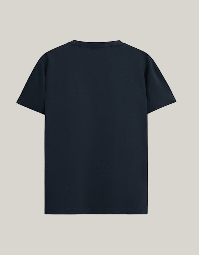 StrykDrift navy blue crew neck t-shirt, back view of a minimalist short-sleeve cotton tee with a tailored fit.