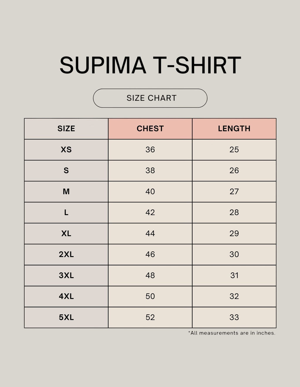 StrykDrift Supima T-Shirt size chart displaying chest and length measurements in inches for sizes XS to 5XL.
