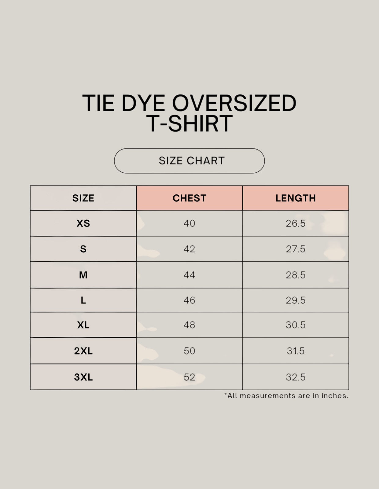 StrykDrift tie dye oversized t-shirt size chart with chest and length measurements in inches for sizes XS to 3XL.
